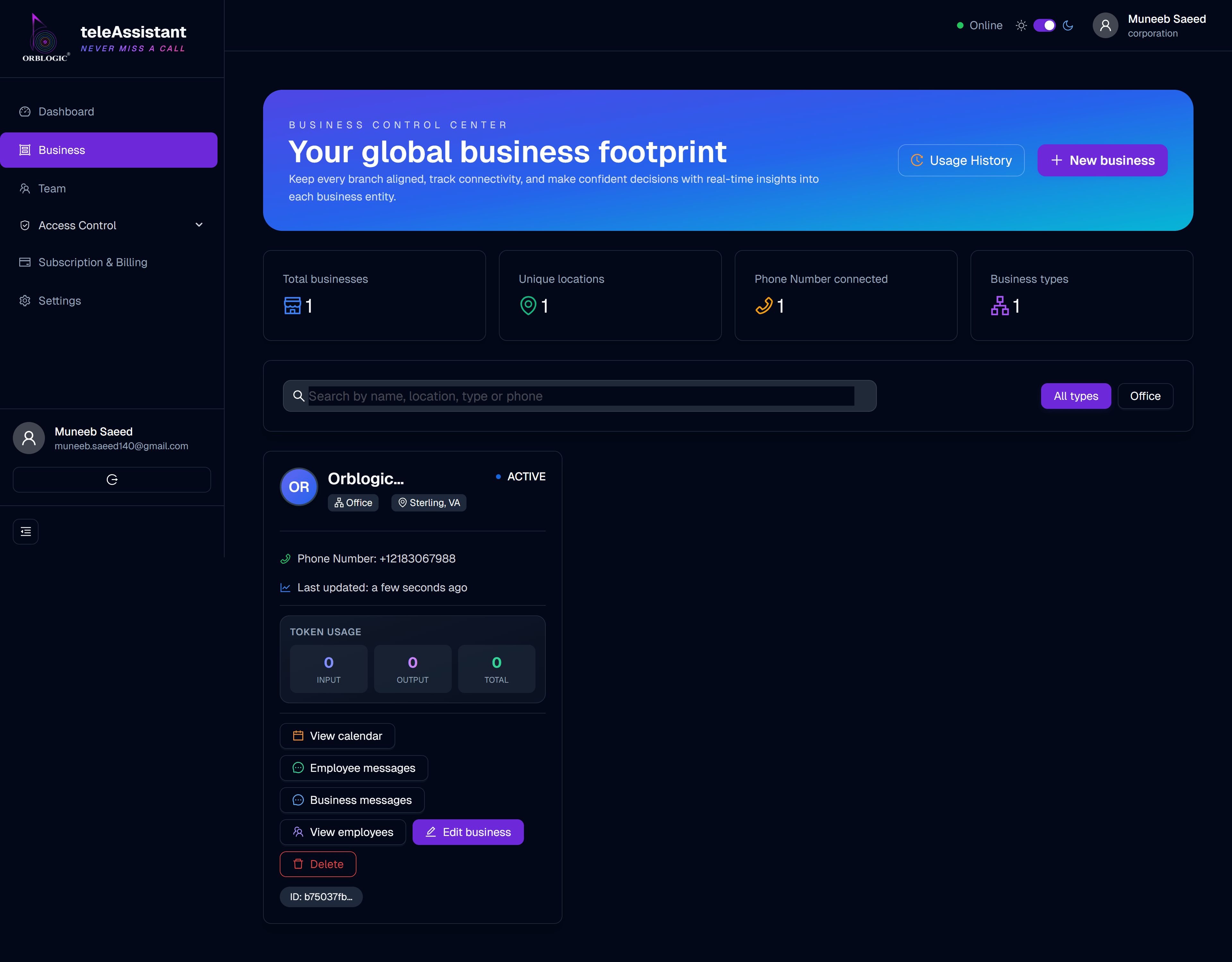 teleAssistant Dashboard โ Business Control Center showing multiple business locations, token usage analytics, and employee management interface
