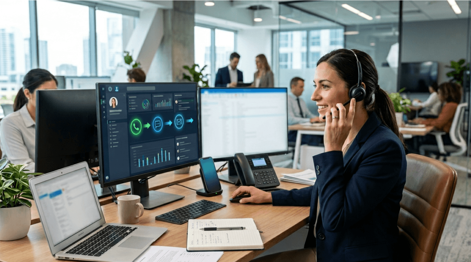 Bank client speaking with advisor in branch, customer support touchpoints