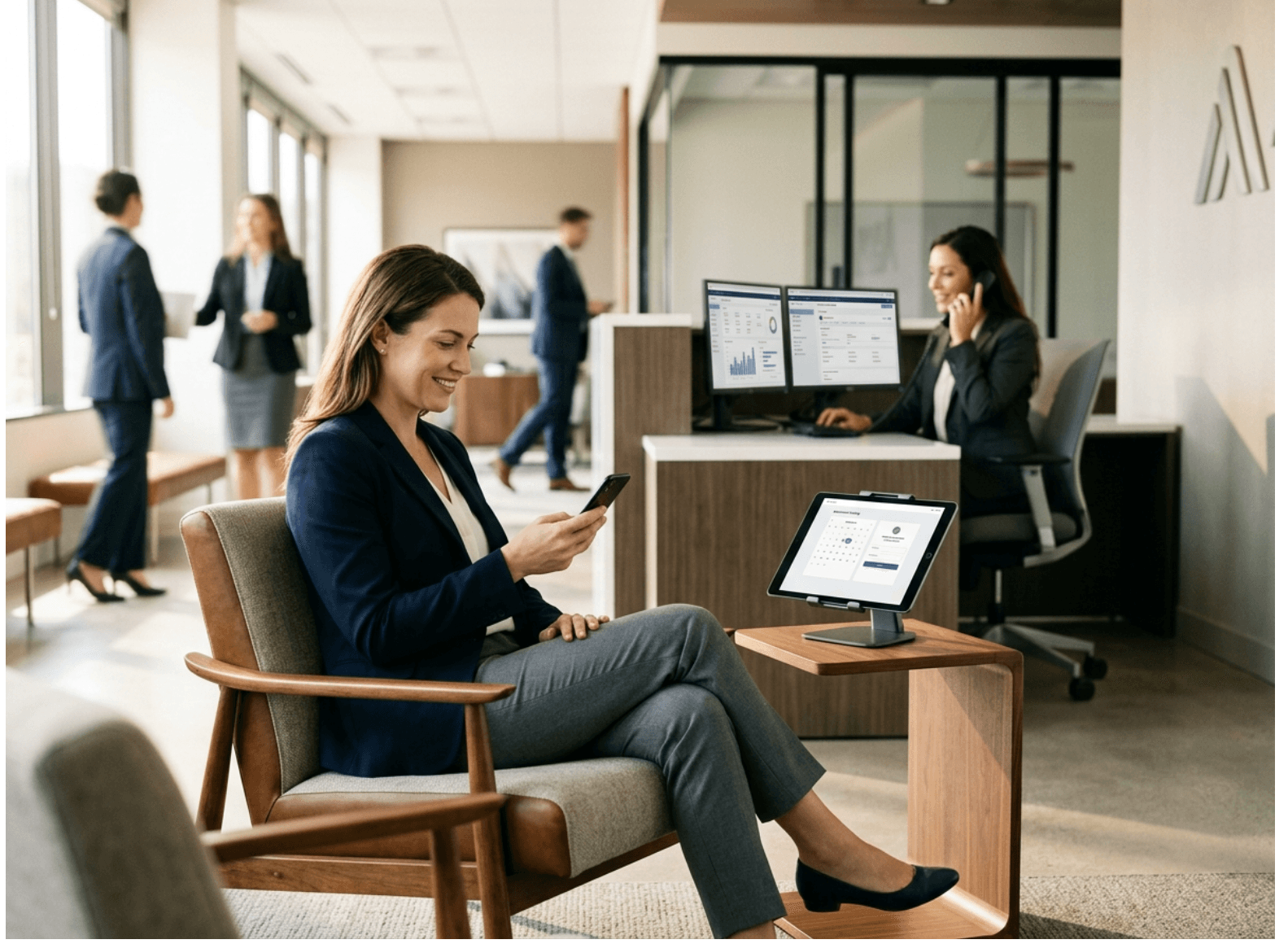 Business professional answering client call on smartphone, satisfied expression